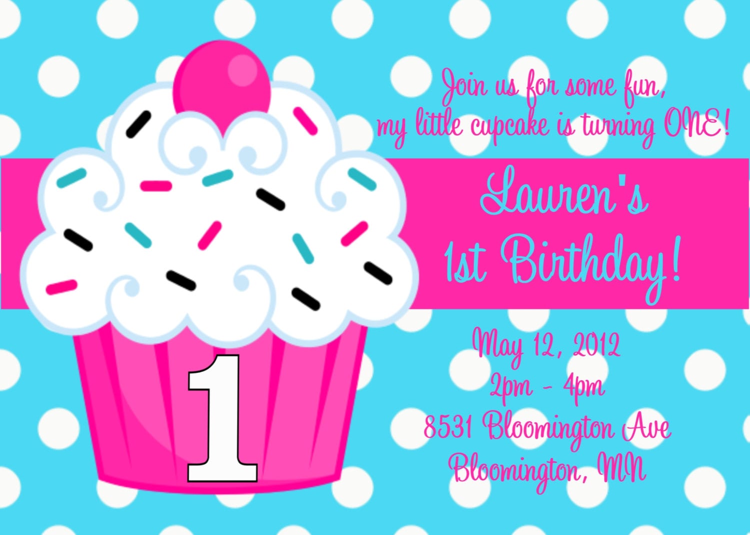 Cupcake 1st Birthday Party Invitations
