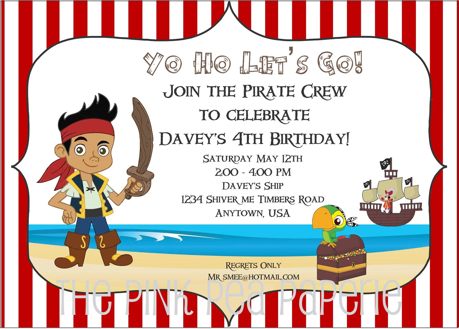 Custom Printable Jake And The Neverland Pirates 5 X 7 Birthday