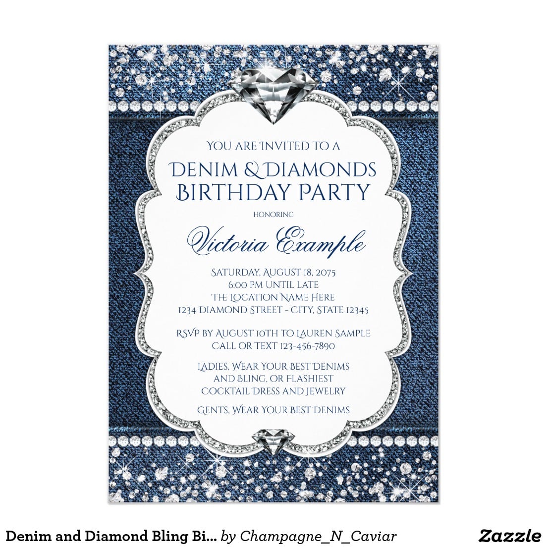 Denim And Diamond Bling Birthday Party Invitations