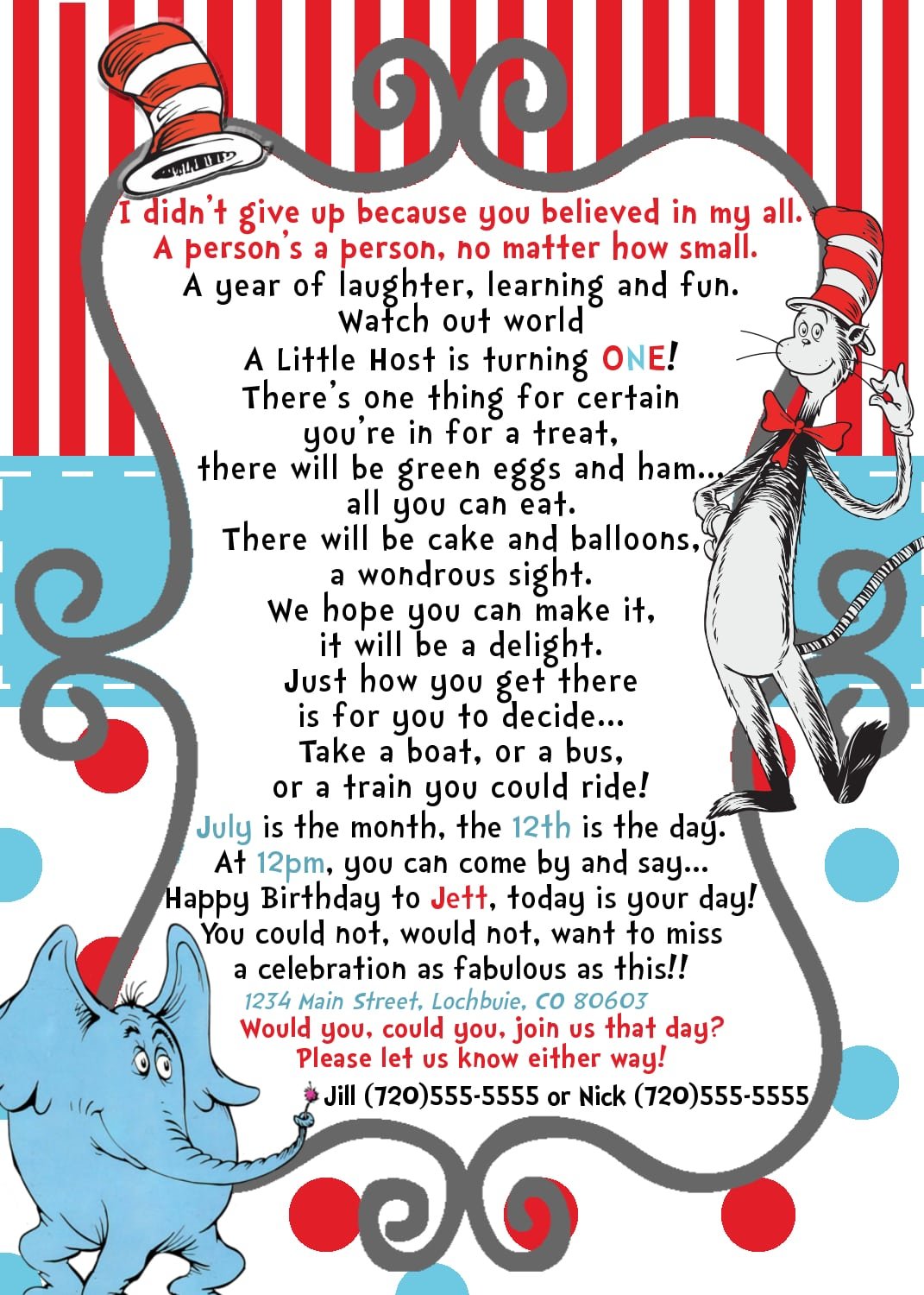 Dr Seuss   Horton Birthday Invite Wording Good For A Preemie Or