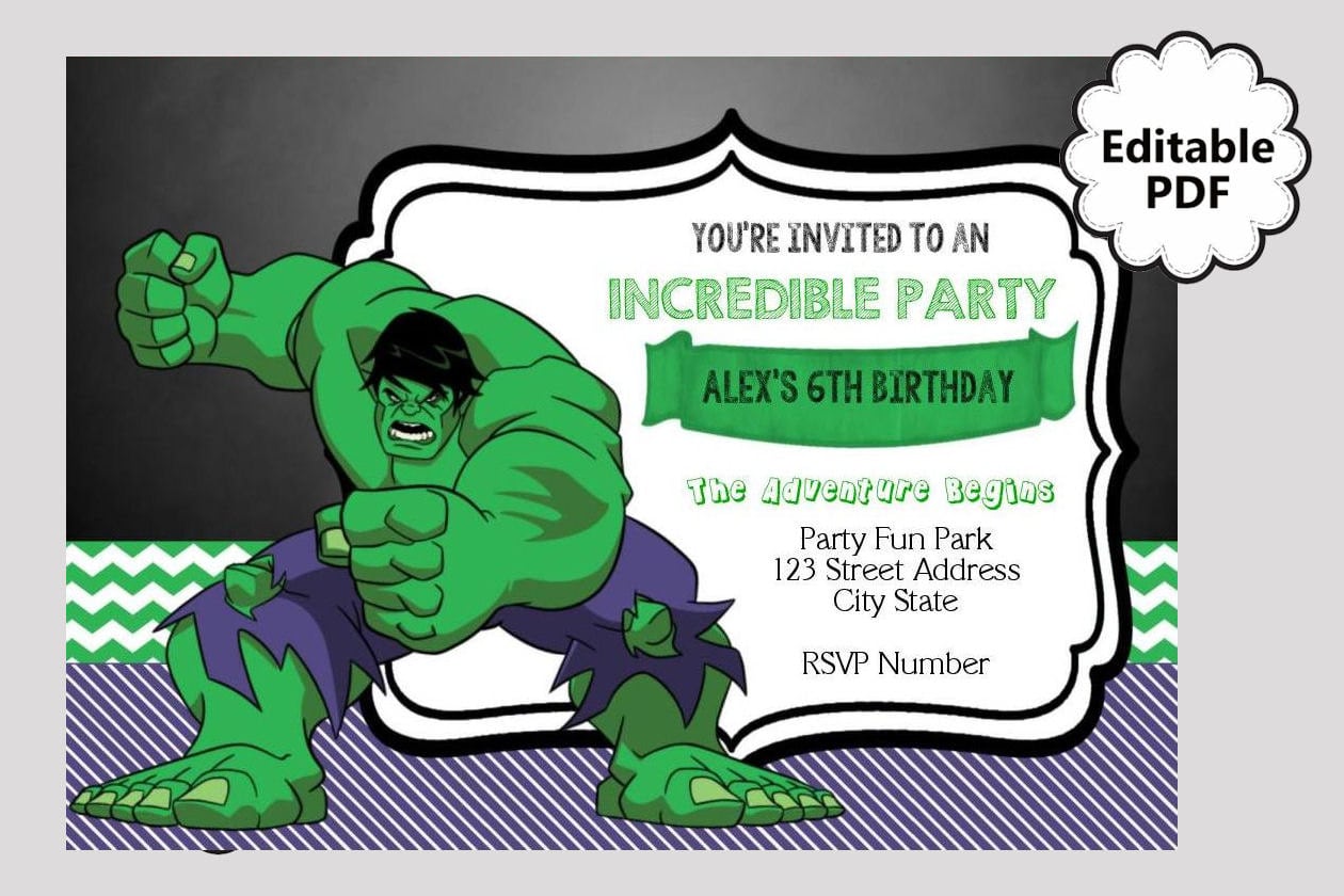 Editable Text Hulk Birthday Invitation Hulk Party Invites
