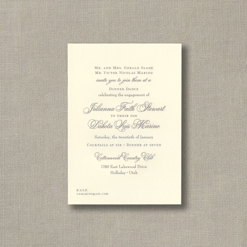 Engraved Ecru Calligraphic Engagement Party Invitation