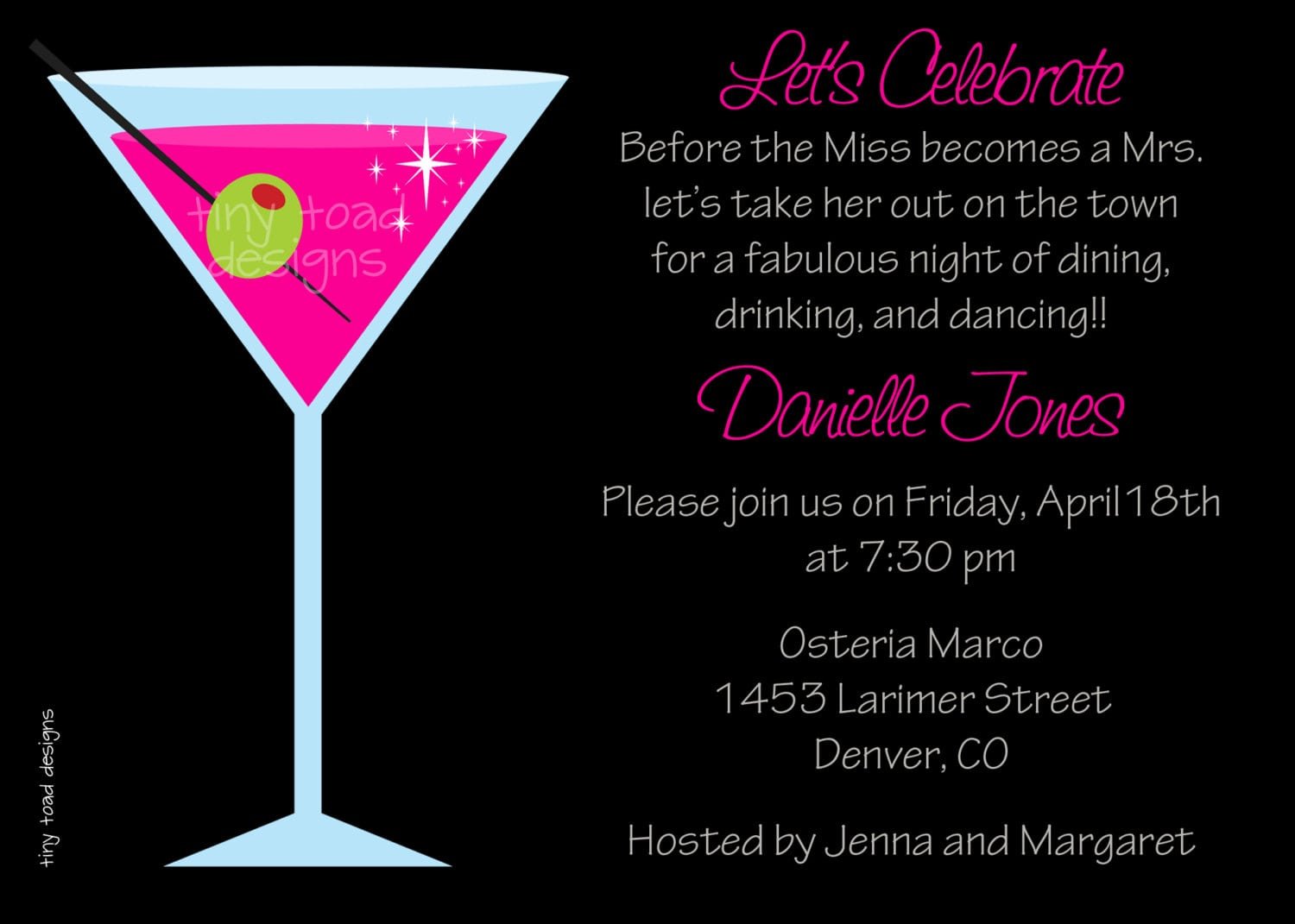 Fabulous Night Pink Martini Bachelorette Party Invitations