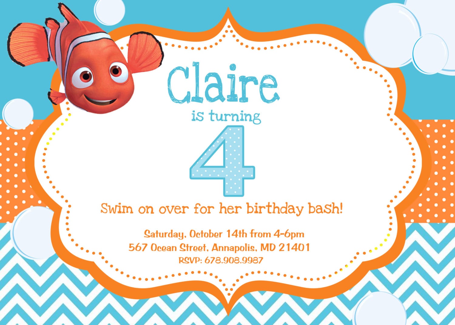 Finding Nemo Birthday Party Invitation Digital File
