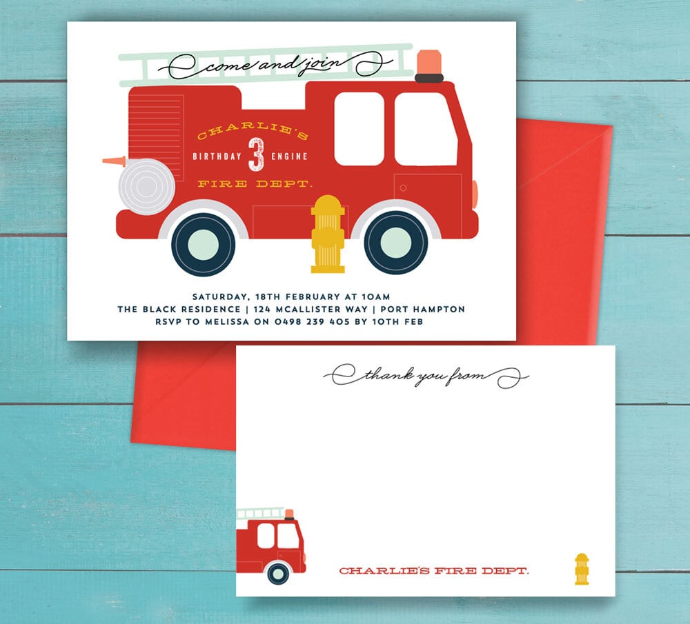 Fire Truck Birthday Party Invitation And Thank You Note