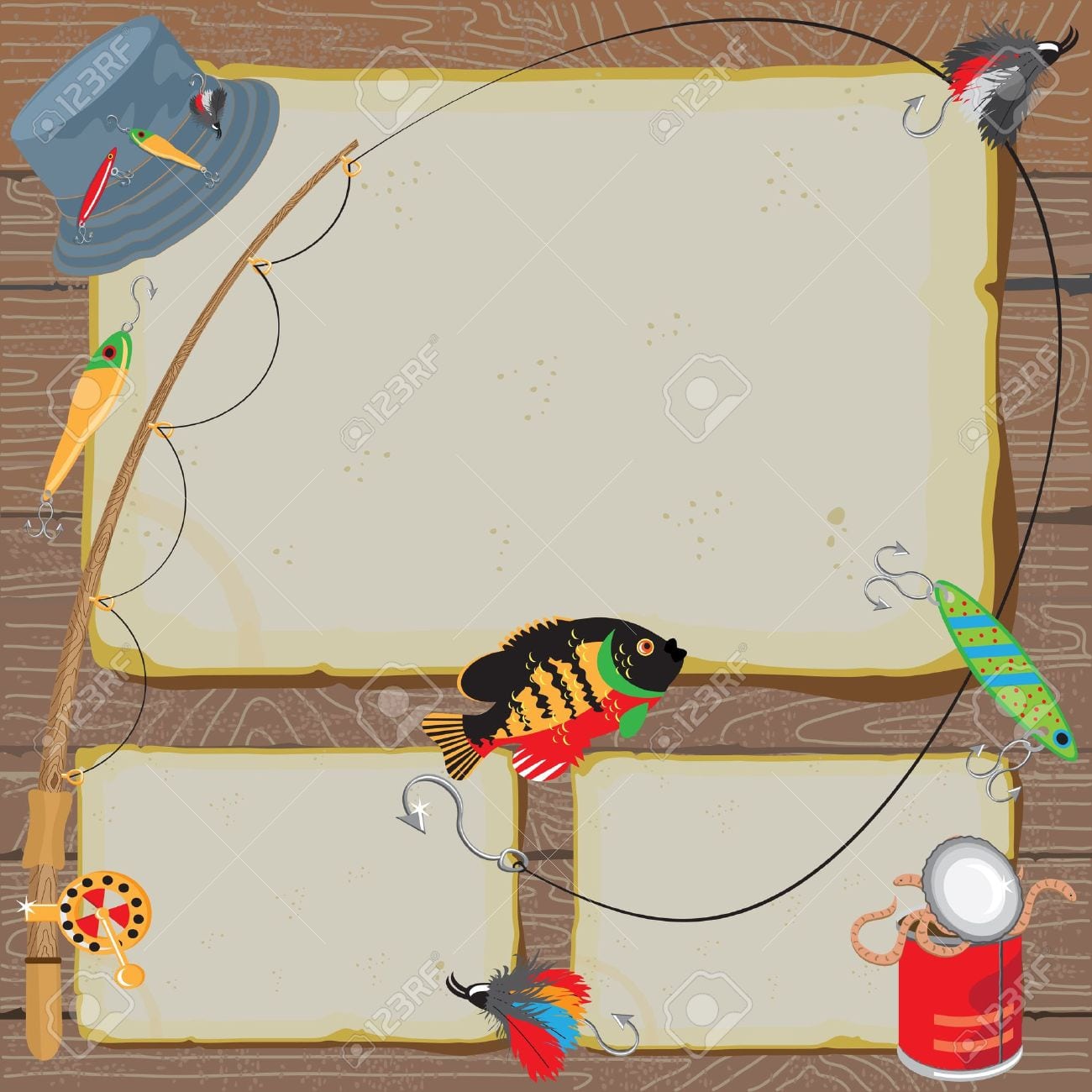 Fishing Invitation On Old Worn Paper & Woodgrain Background