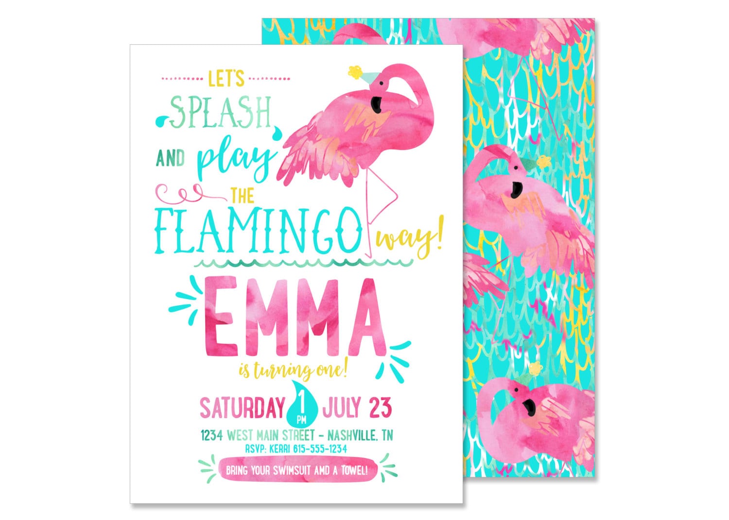 Flamingo Pool Party Birthday Invitation Digital File Summer