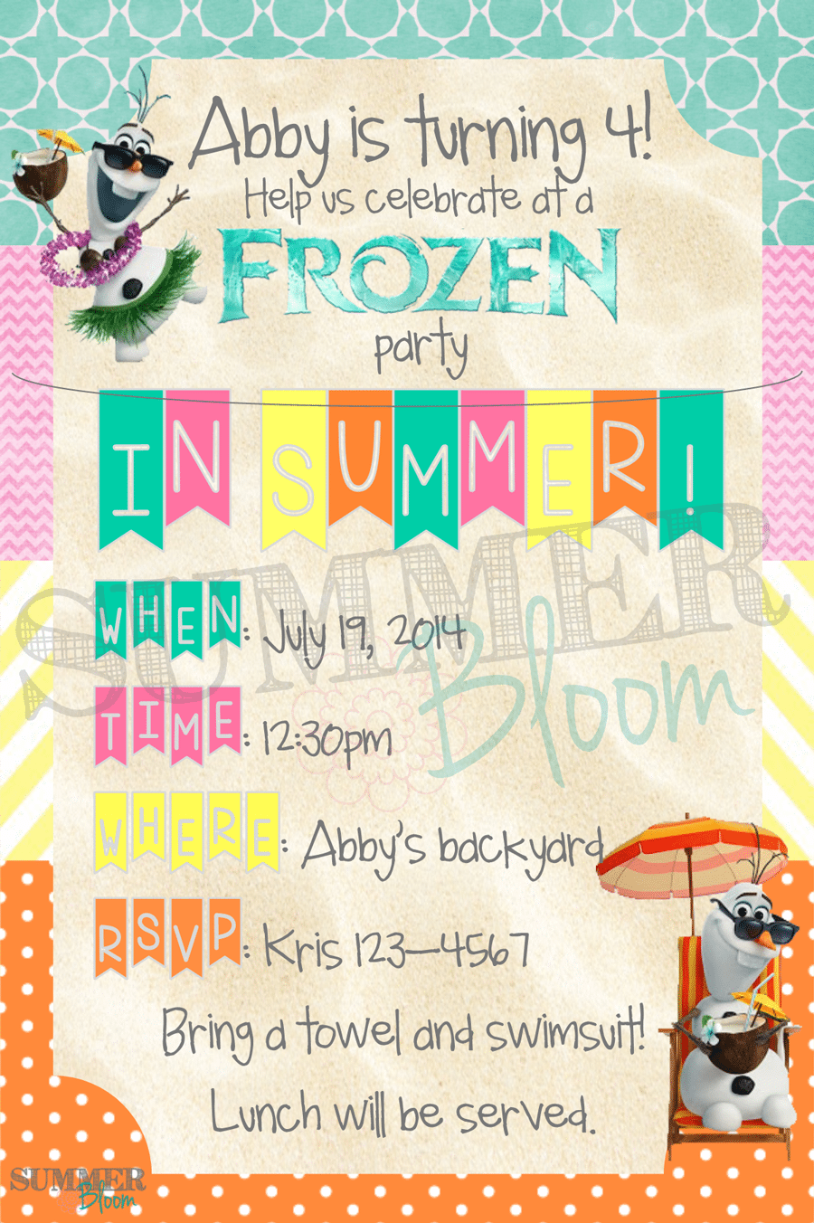 Frozen And Olaf  In Summer  Themed Birthday Party Invitation From
