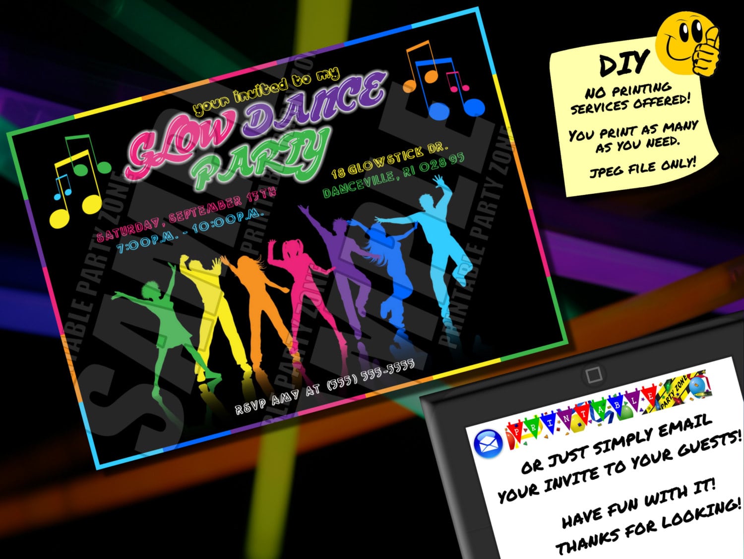 Glow Dance Party Invitation Printable Invite Emailable