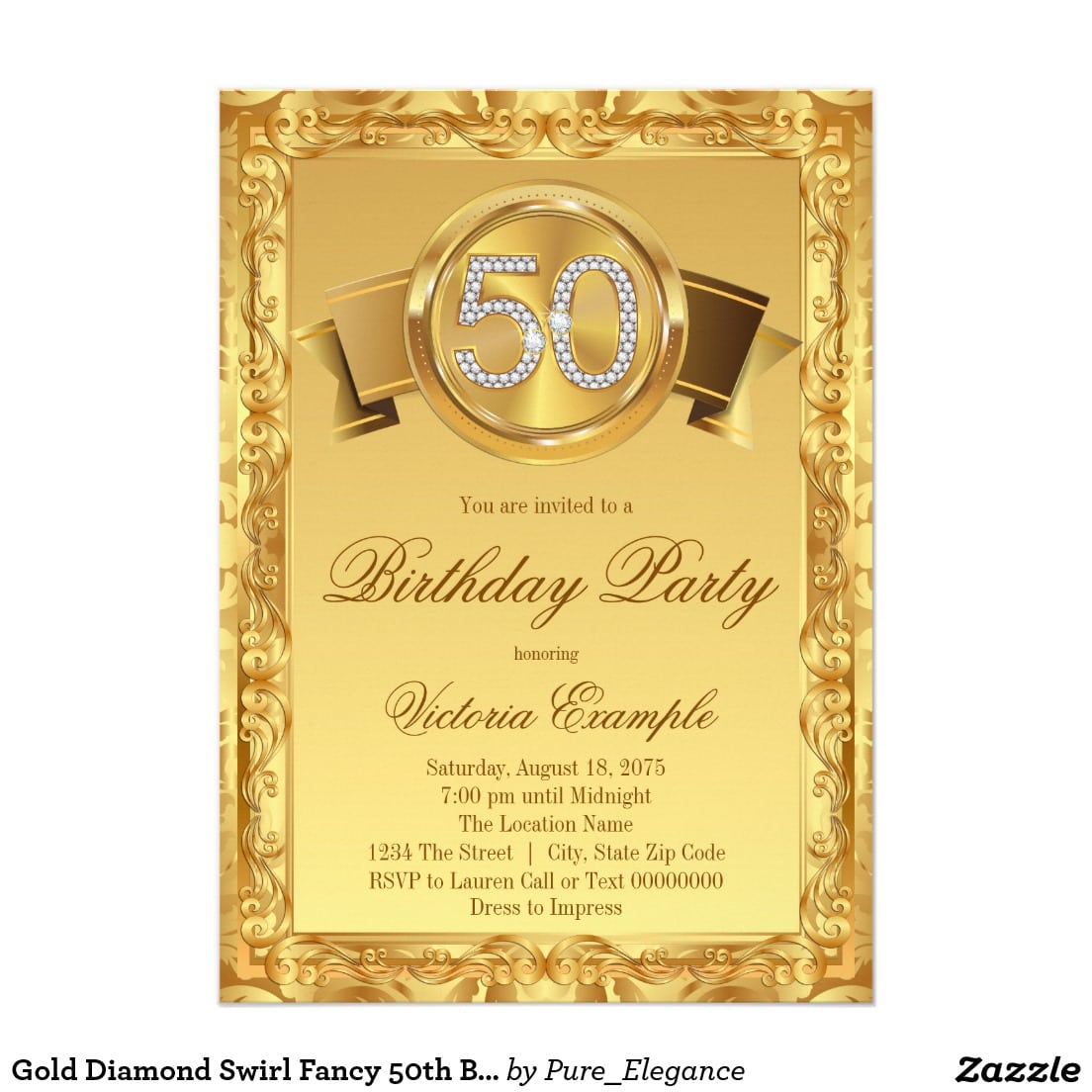 Gold Diamond Swirl Fancy 50th Birthday 5x7 Paper Invitation Card