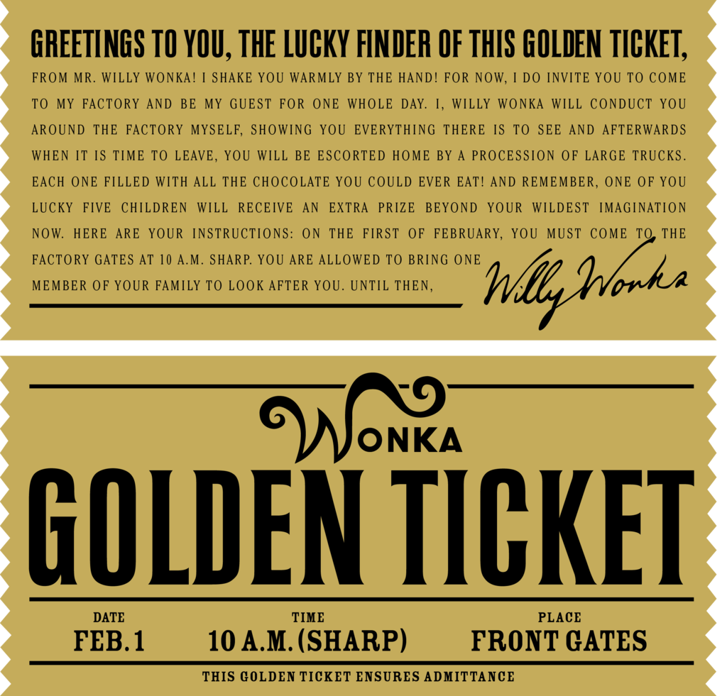 Golden Ticket For Invitation Or To Add To Chocolate Bars!