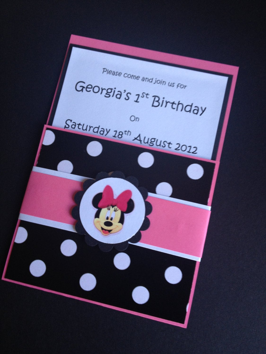 Handmade Pink Black Minnie Mouse Party Invitations & Envelopes