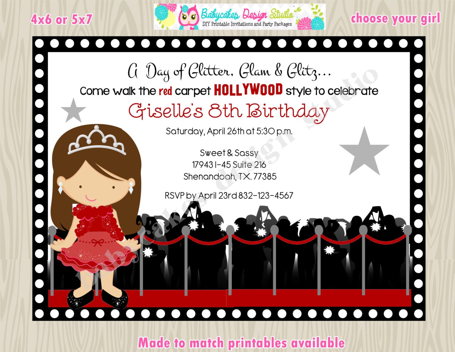 Hollywood Diva Red Carpet Birthday Party Invitation Invite