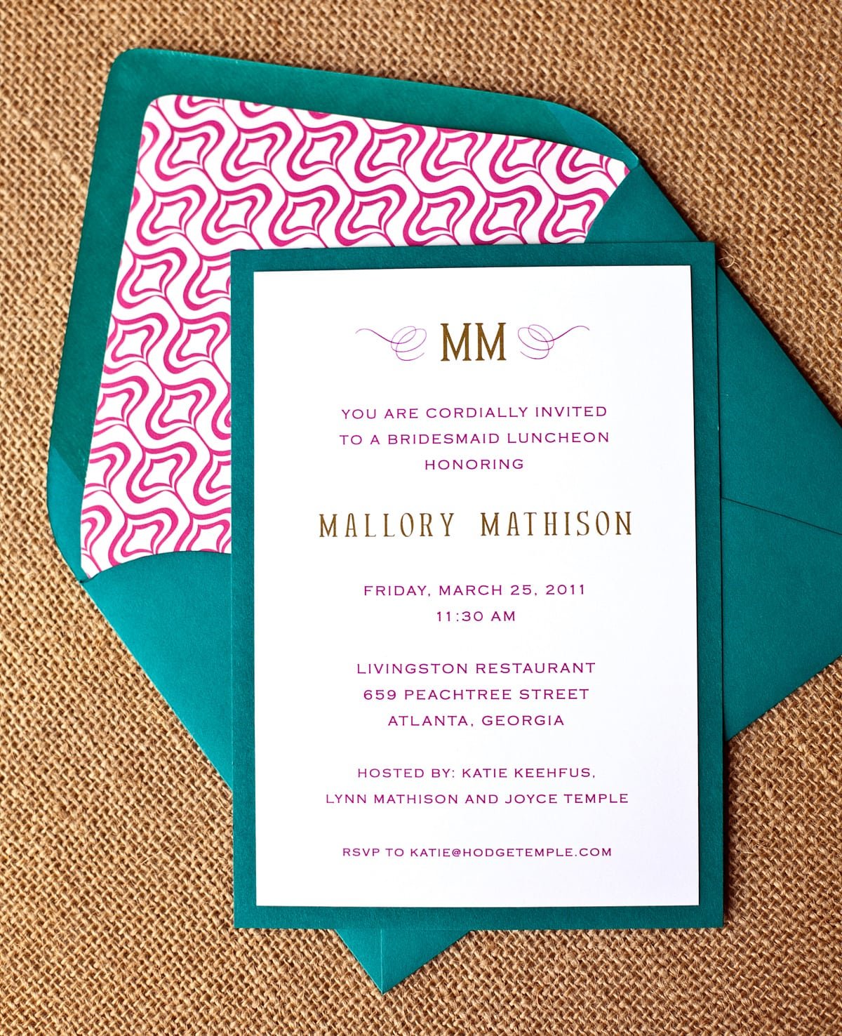 Hot Pink And Peacock Bridesmaid's Luncheon Invite