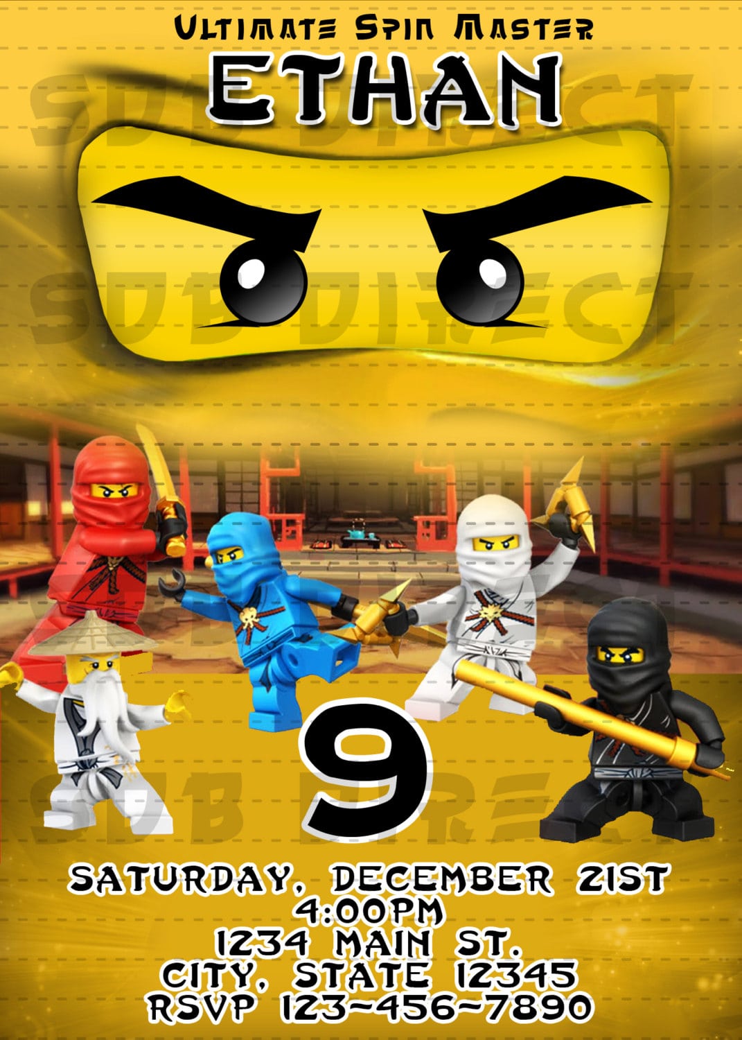 Lego Ninjago Party Invitations, Gold Ninjago Invitation, Ninjago