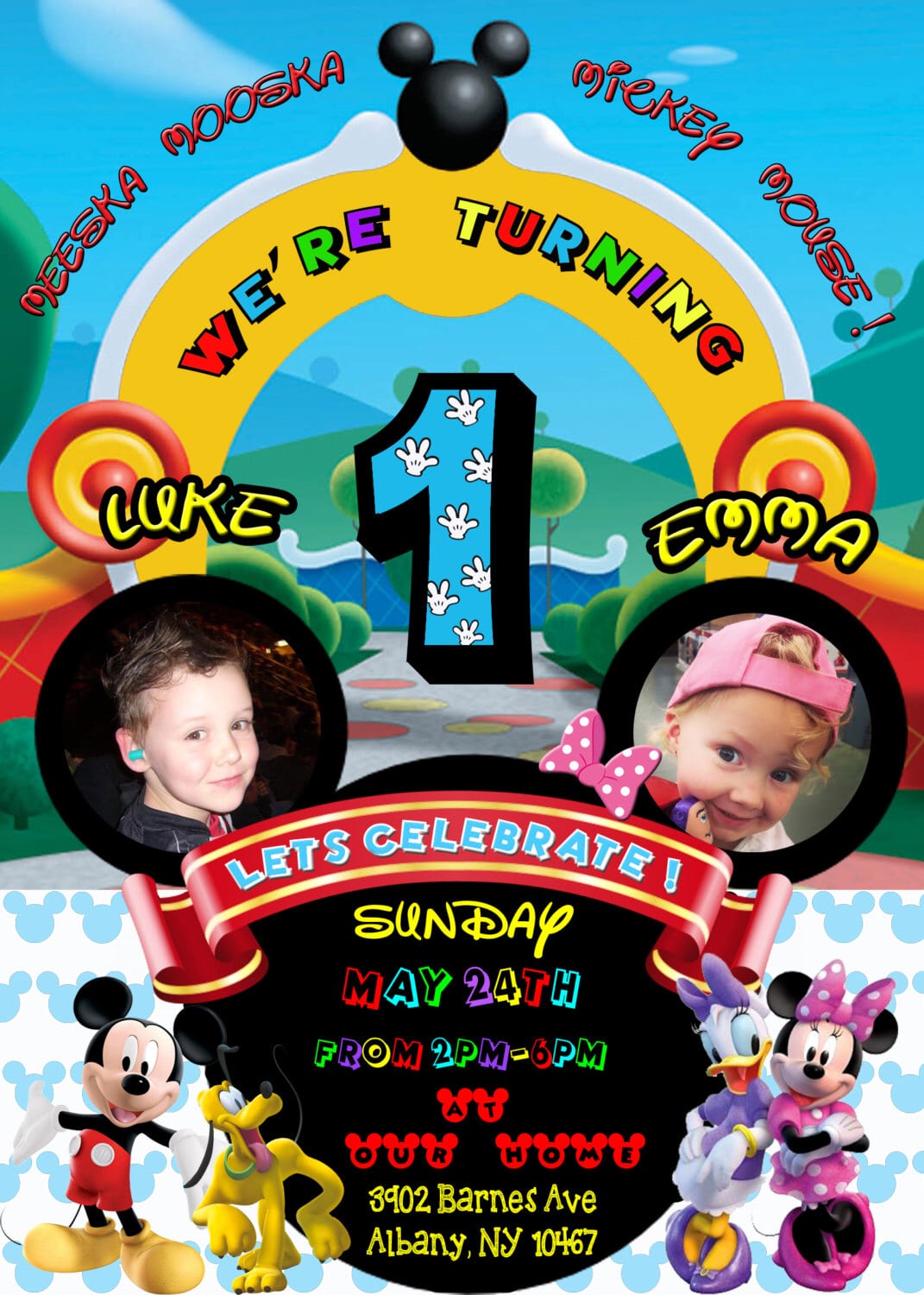 Mickey Mouse Clubhouse Twin Birthday Party Invitation Invite Twins