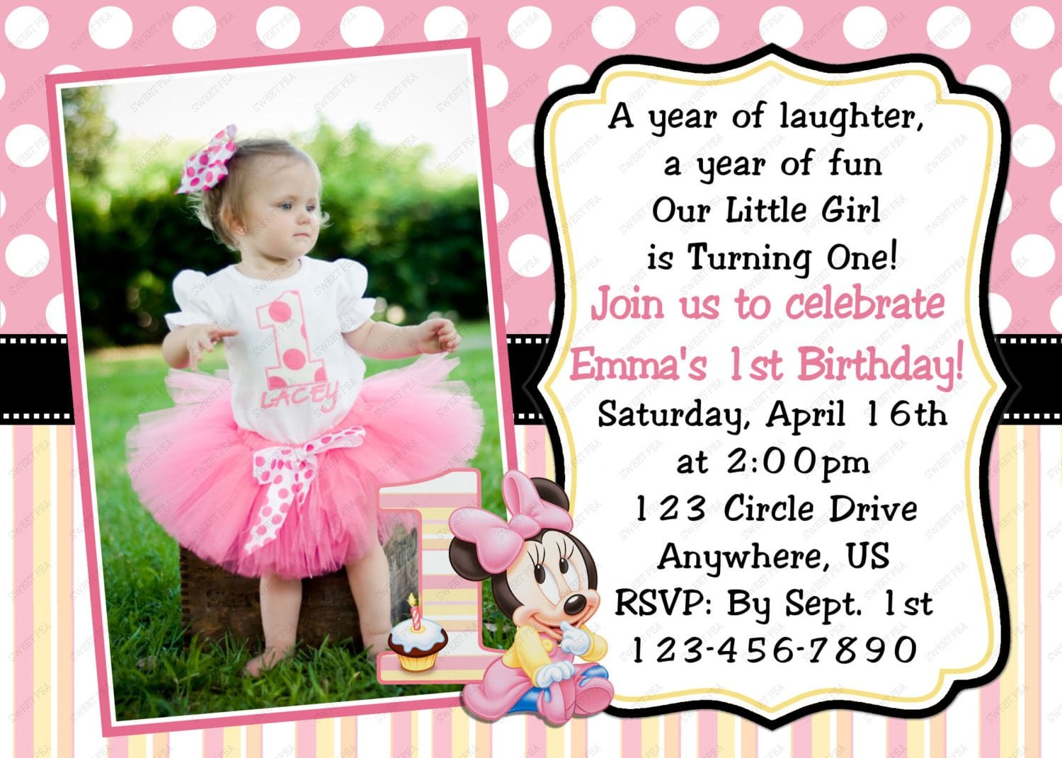 Minnie Mouse Baby 1st First Birthday Invitation Or Thank You Card