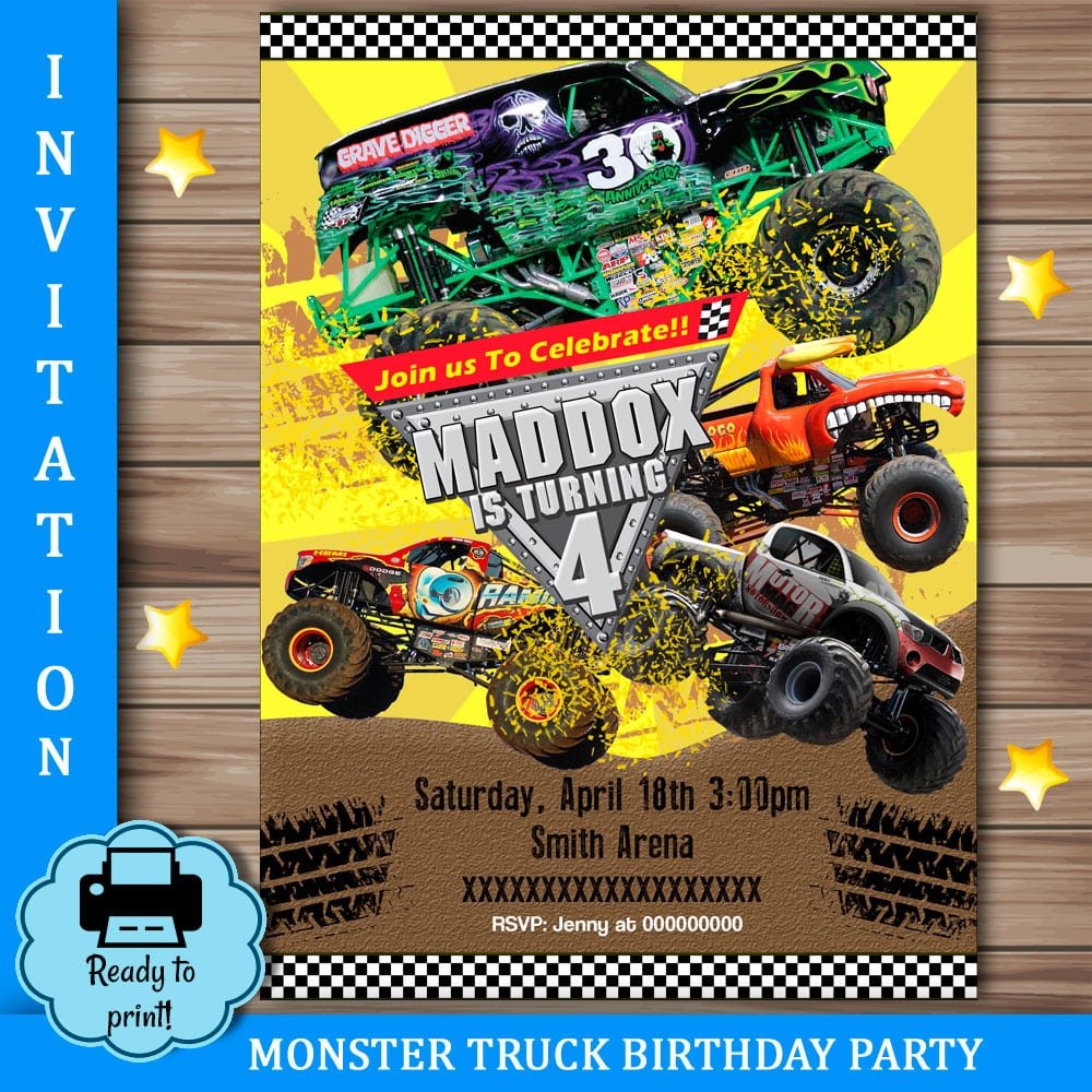 Monster Truck Party Birthday Invitation, Monster Jam Party, Grave