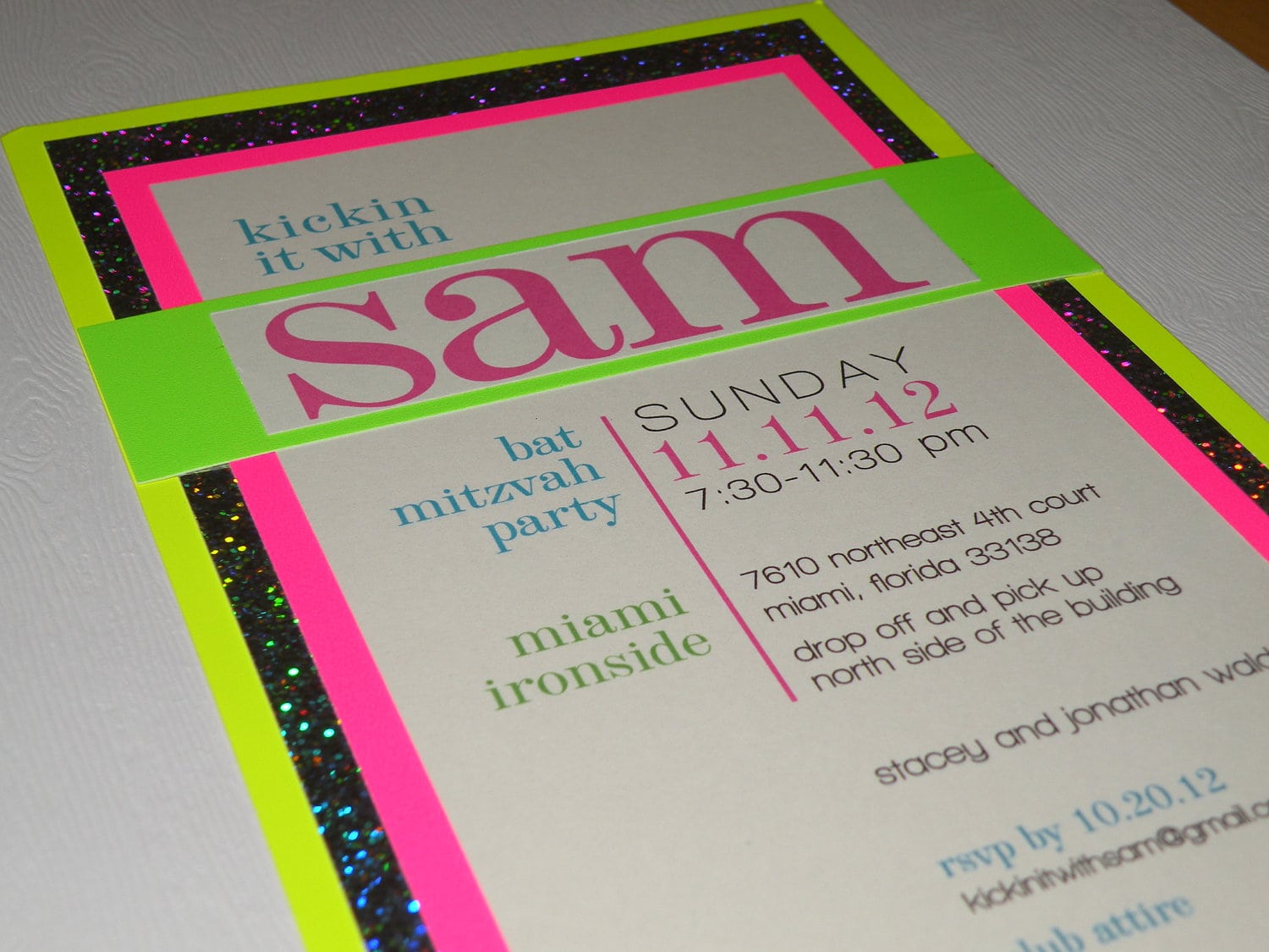 Neon And Silver Bat Mitzvah And Party Invitation