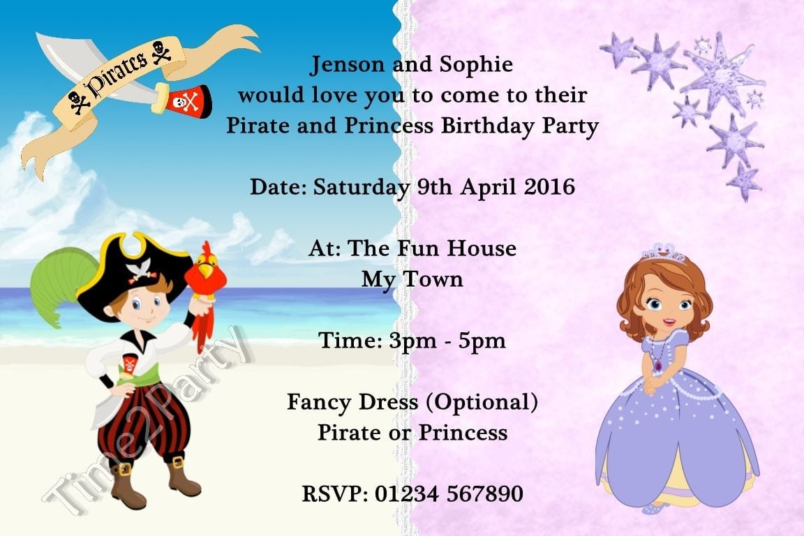 Personalised Birthday Party Invitations Pirate And Princess