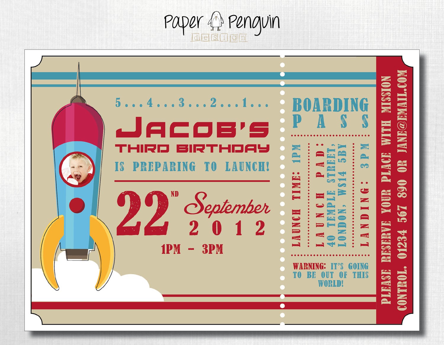 Personalized Kid's Space Rocket Ship Ticket Birthday Party