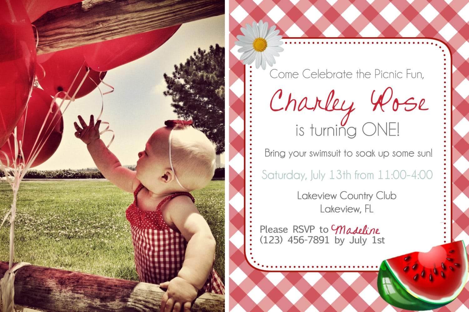 Picnic Birthday Invitation Card You Print Watermelon