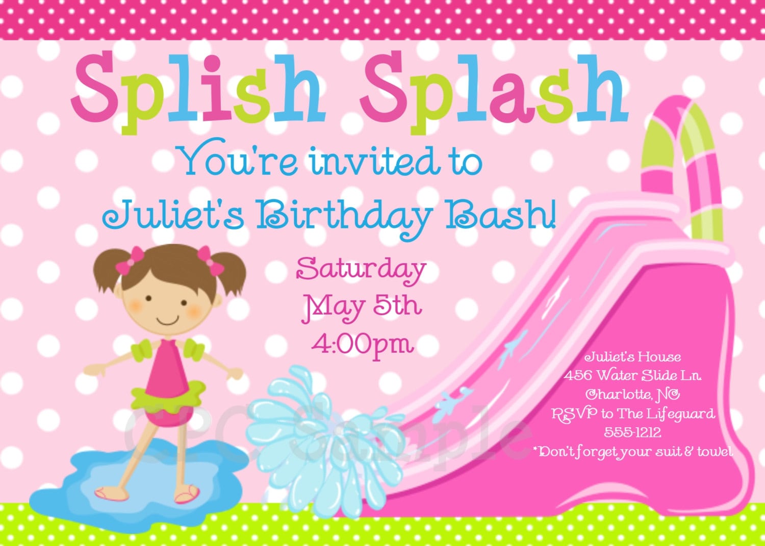 Pool Party Invitation Water Slide Birthday Invitation
