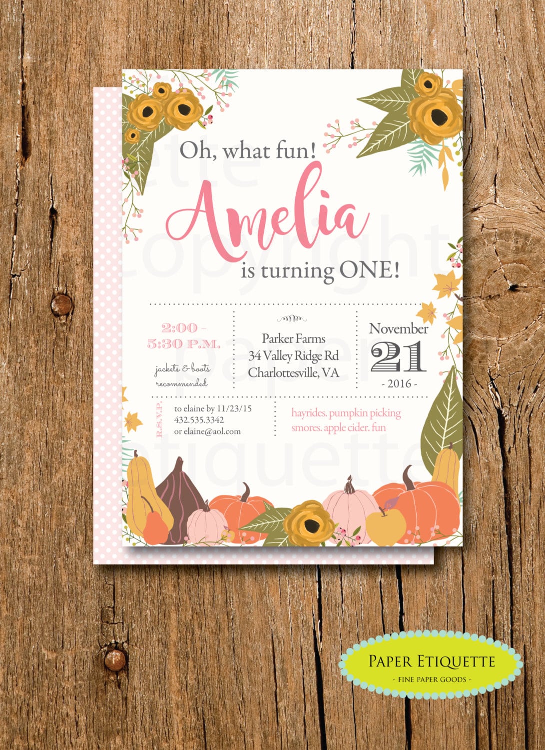 Pumpkin Birthday Party Invitation, Oh What Fun Turning One, Fall