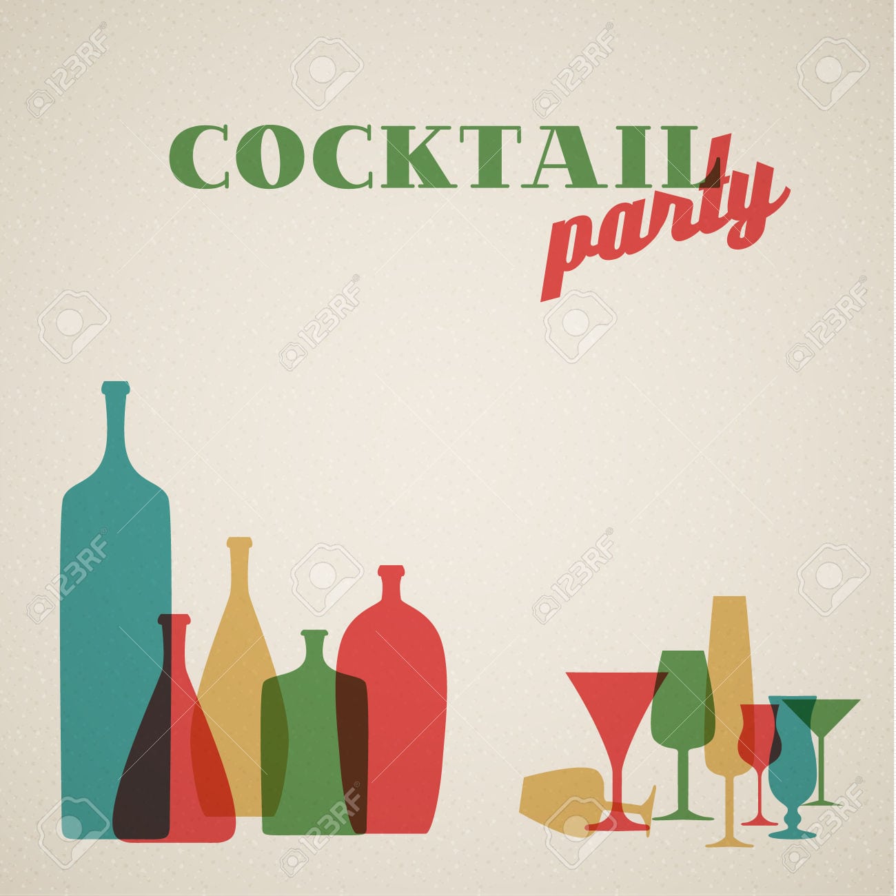 Retro Cocktail Party Invitation Card With Glasses And Bottles