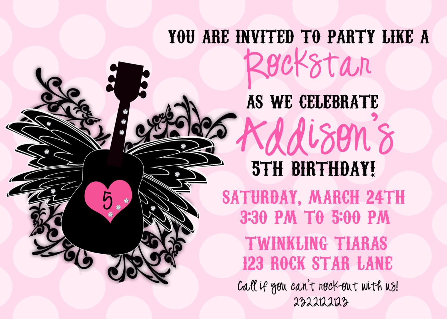Rock Star Girl Birthday Invitation, Rockstar Girl Personalized