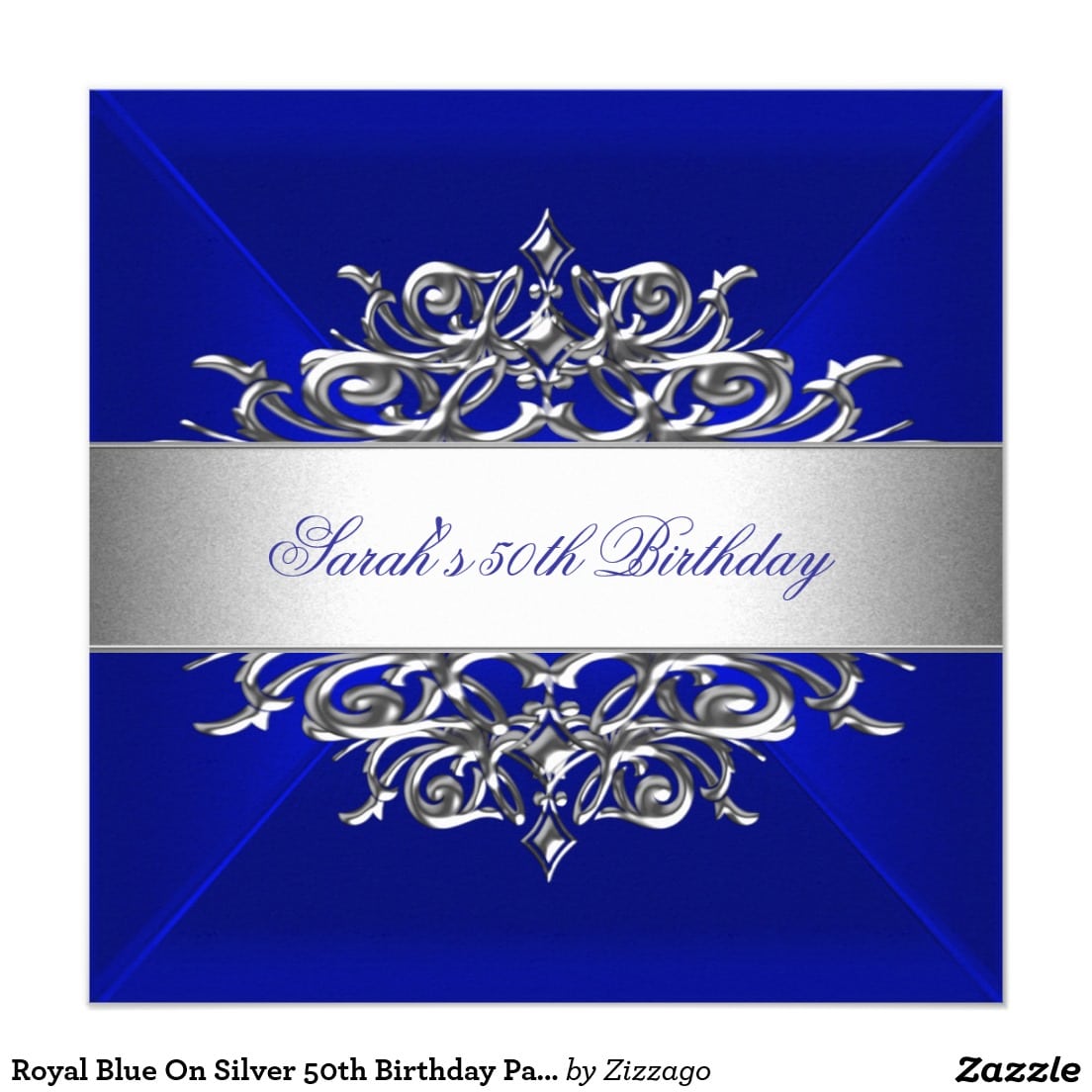Royal Blue On Silver 50th Birthday Party Card