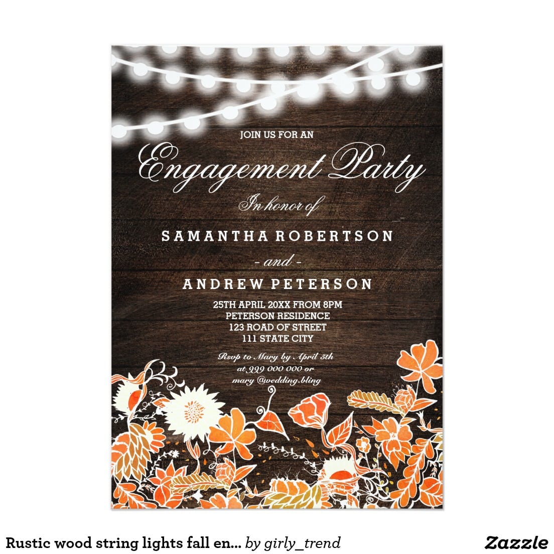 Rustic Wood String Lights Fall Engagement Party Card