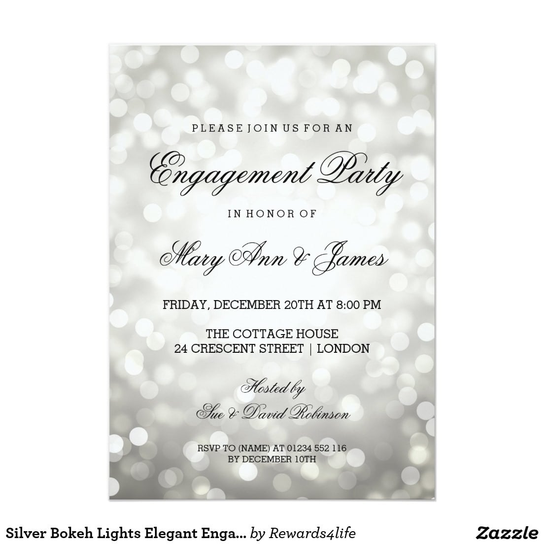 Silver Bokeh Lights Elegant Engagement Party Card