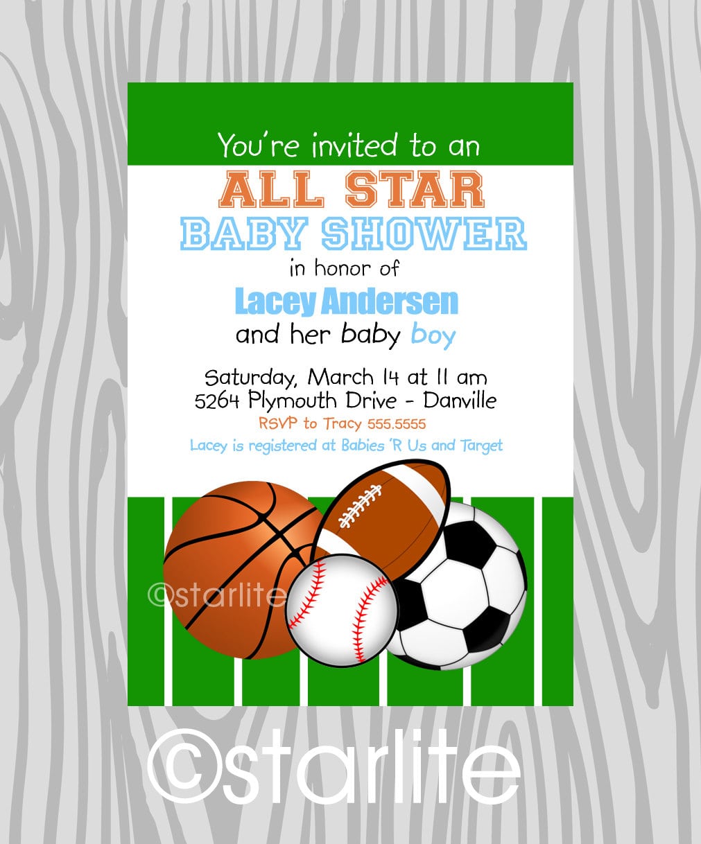 Sports All Star Boy Baby Shower Invitation Baseball Basketball