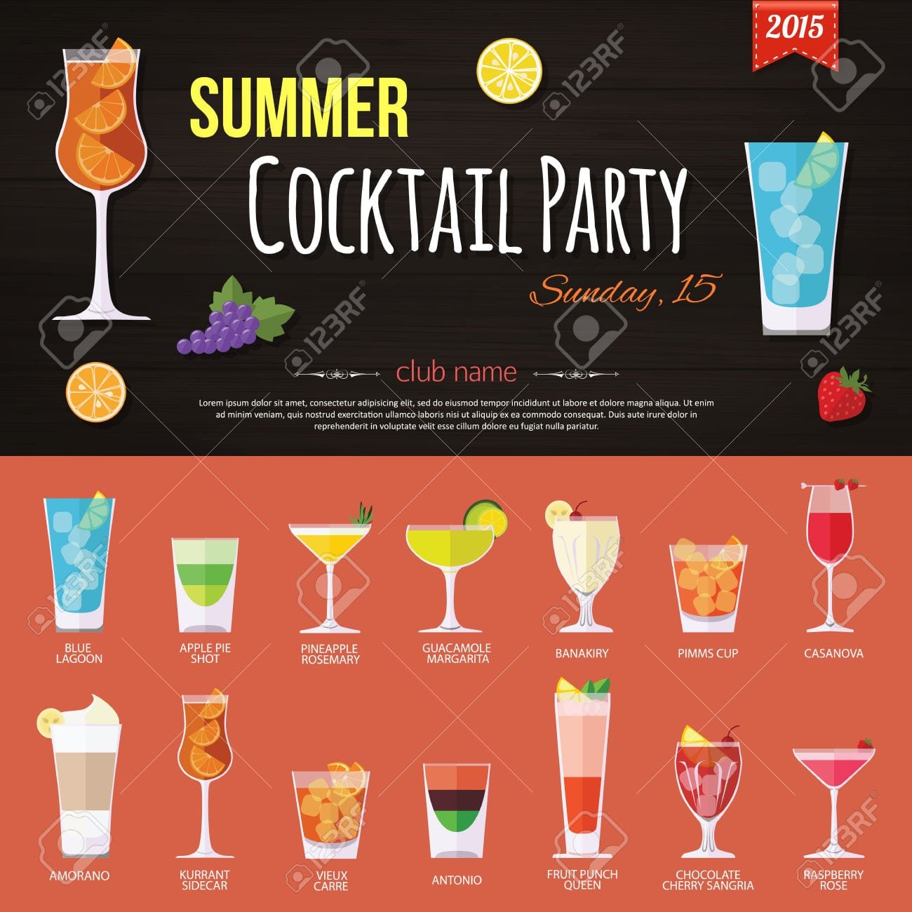 Summer Cocktail Party Invitation And Set Of Alcohol Cocktails
