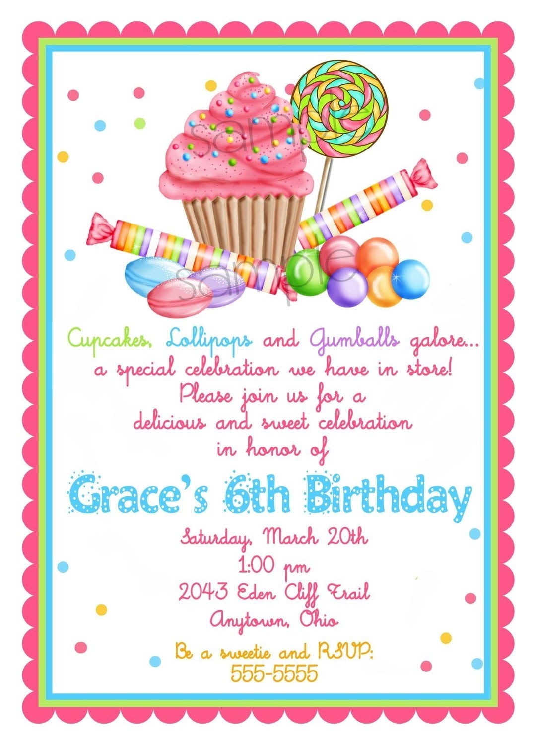 Sweet Shop Birthday Party Invitations Candy Cupcake