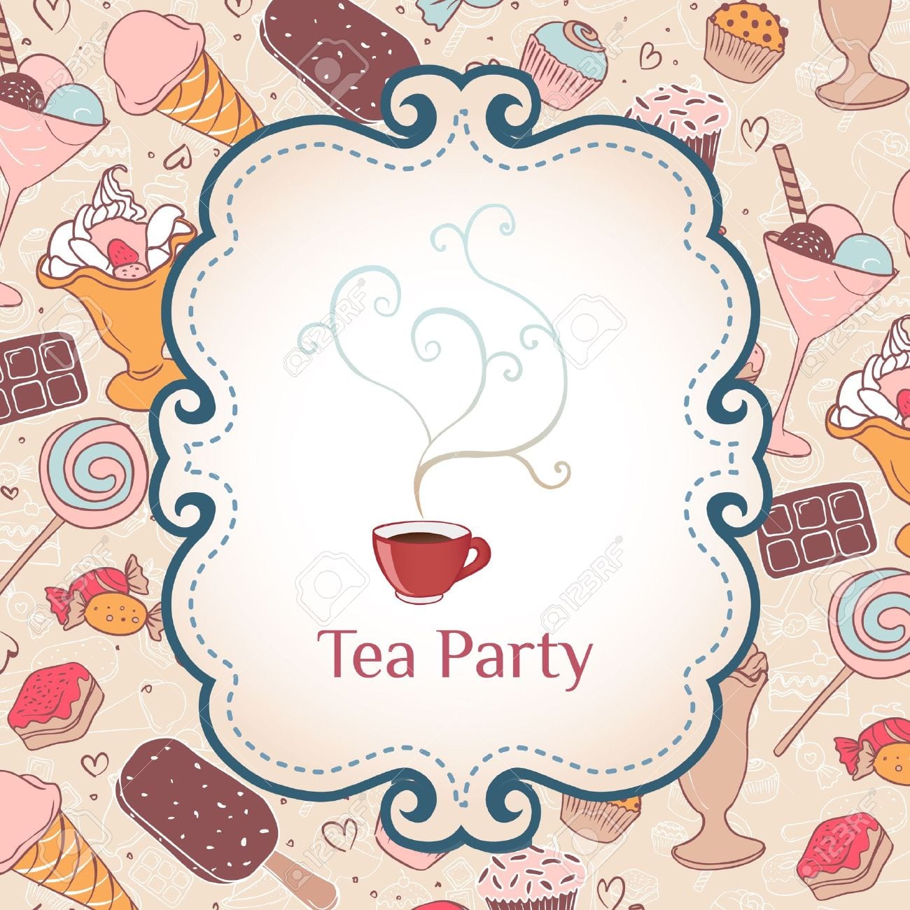 Tea Party Invitation Vintage Style Frame  Vector Illustration