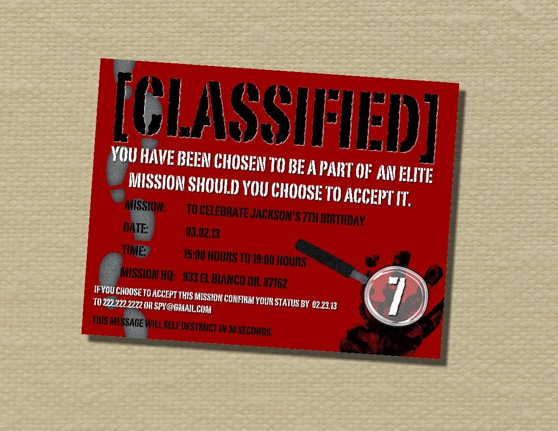 Top Secret Agent Mission Surprise Party Invitation