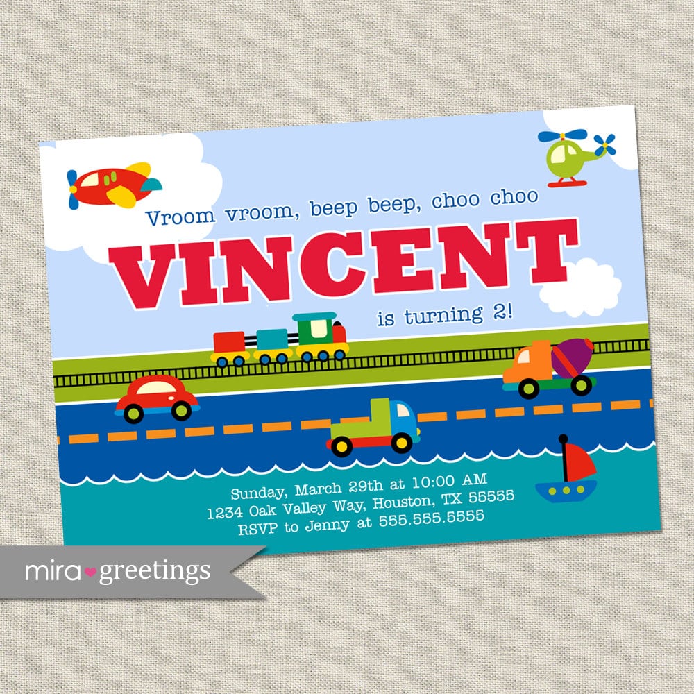Transportation Birthday Party Invitation Train Invite Car
