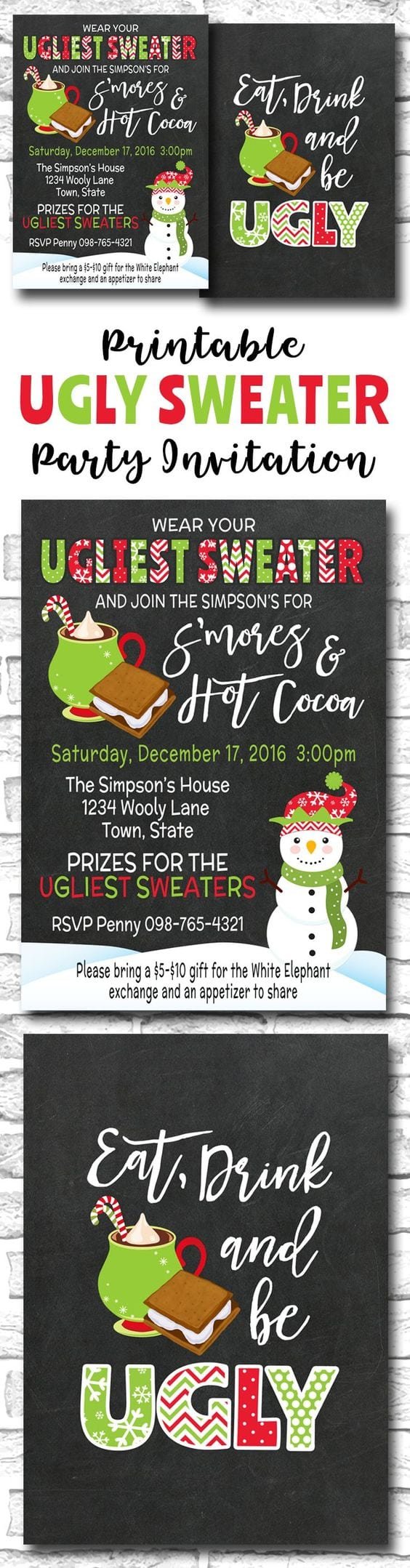 Ugly Sweater Christmas Party Invitation, Smores And Hot Cocoa