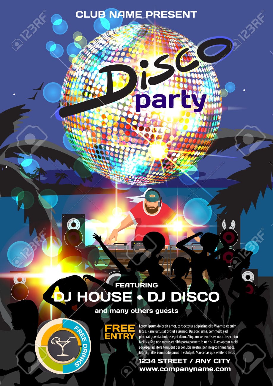 Vector Summer Party Invitation Disco Style  Night Beach, Dj
