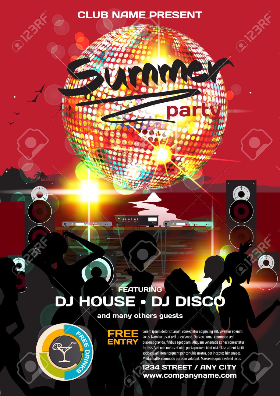 Vector Summer Party Invitation Disco Style  Night Beach, Dj