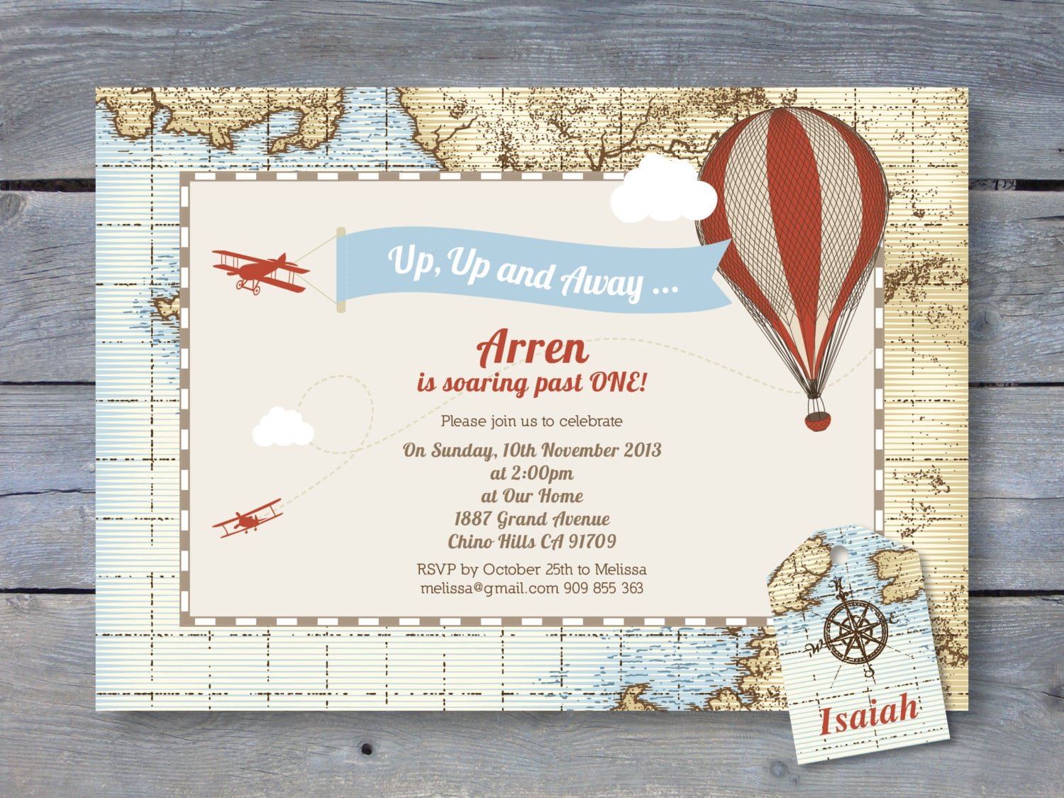 Vintage Hot Air Balloon Invitation For Birthday Party 7x5