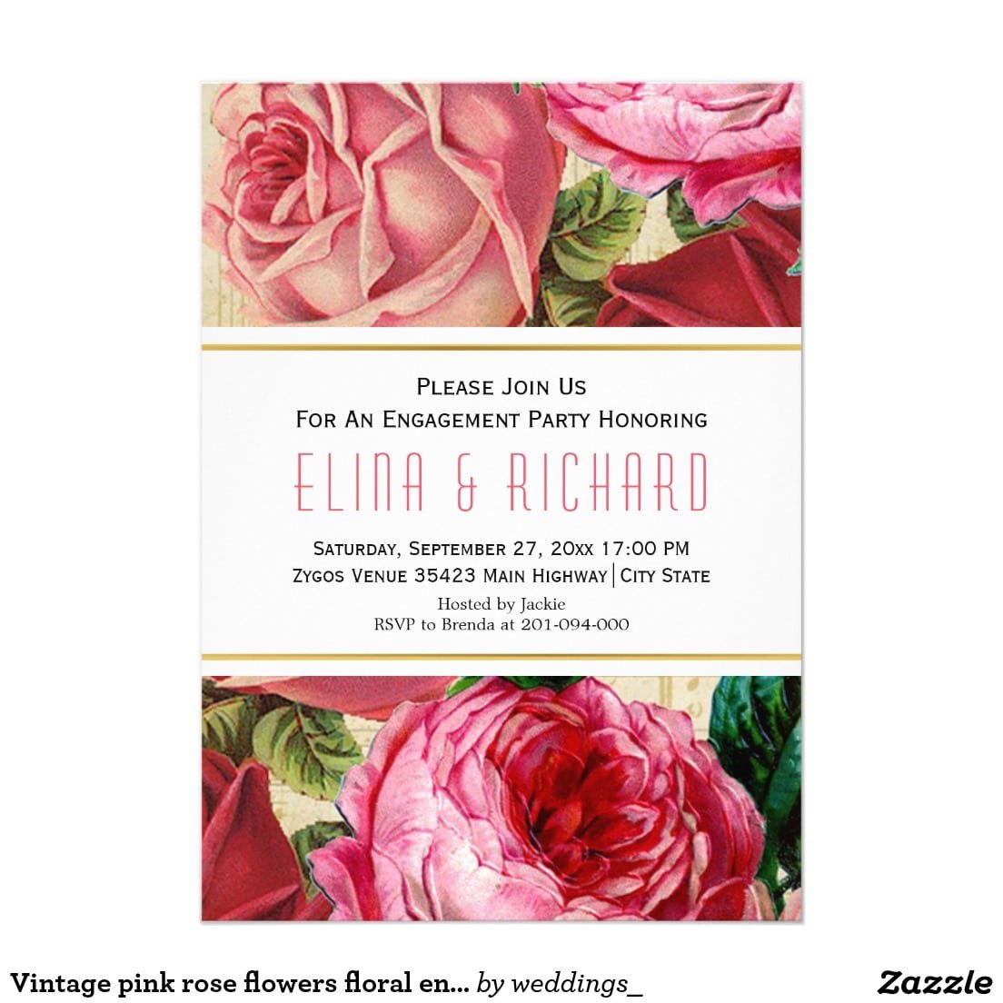 Vintage Pink Rose Flowers Floral Engagement Party Card