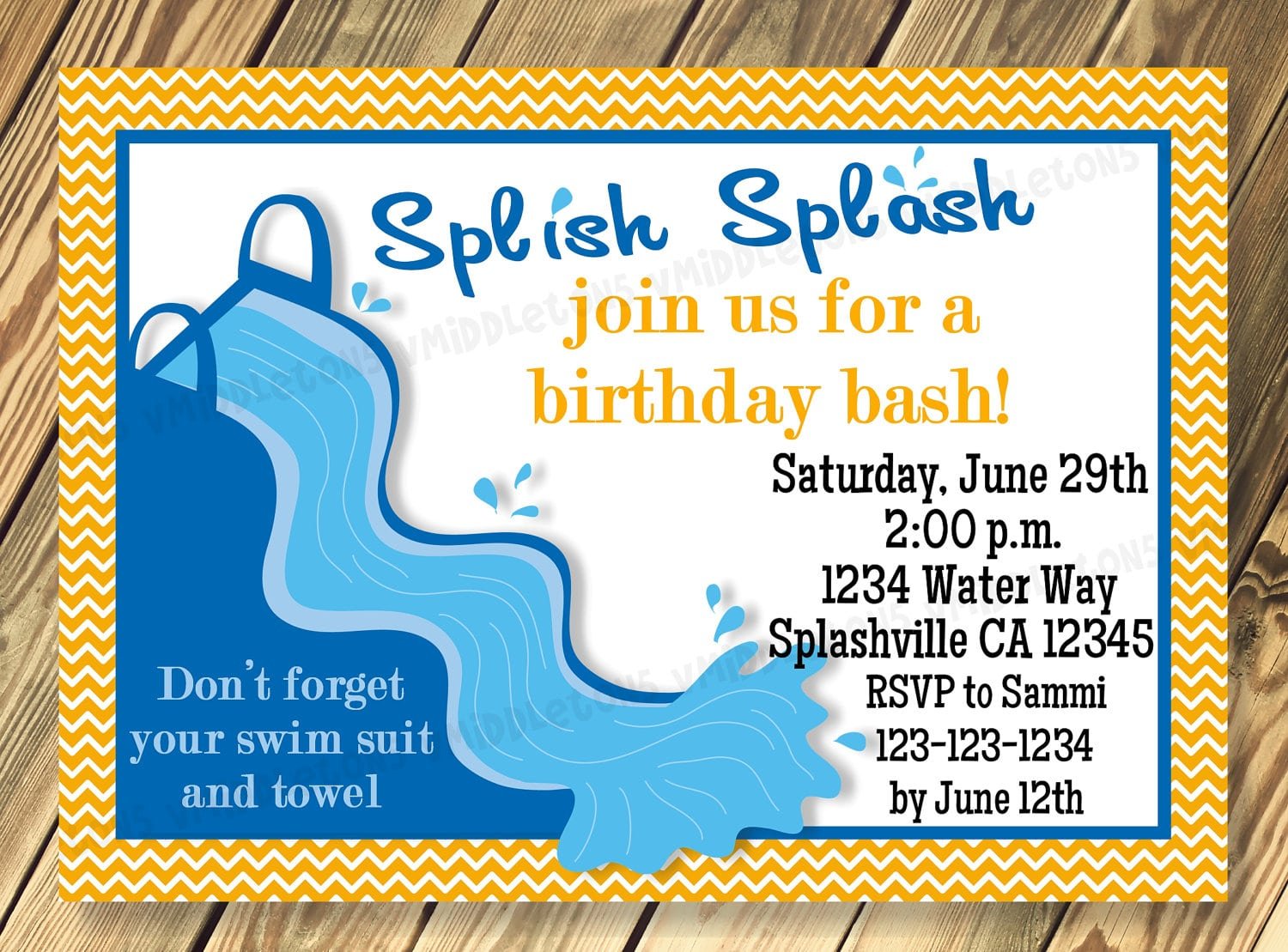 Water Slide Birthday Party Invitation Print Your Own 5x7 Or