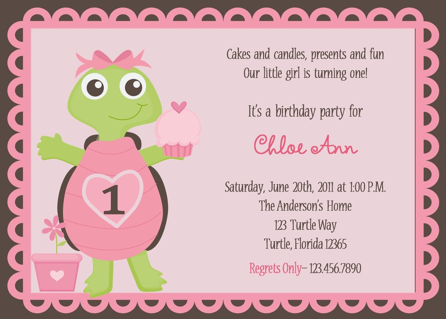 Adorable Pink Turtle Birthday Party Invitations