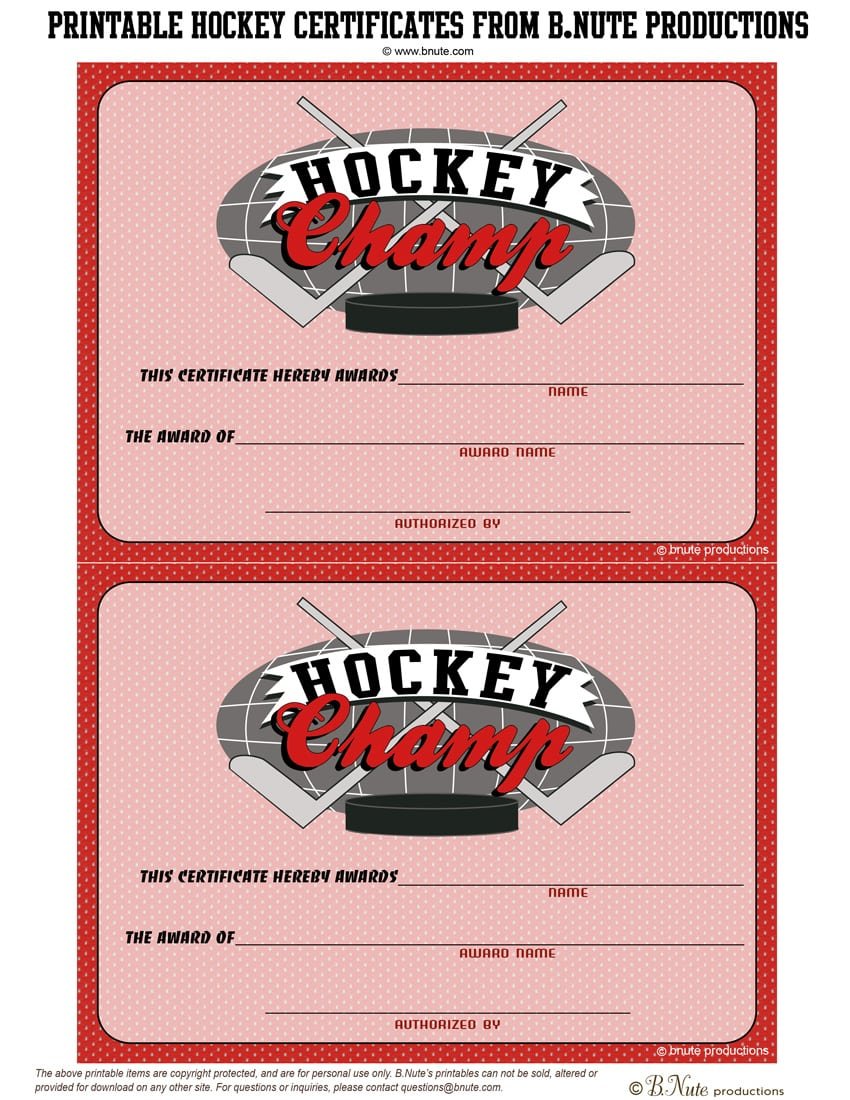 Bnute Productions  Free Printable Hockey Party Tags And Certificates
