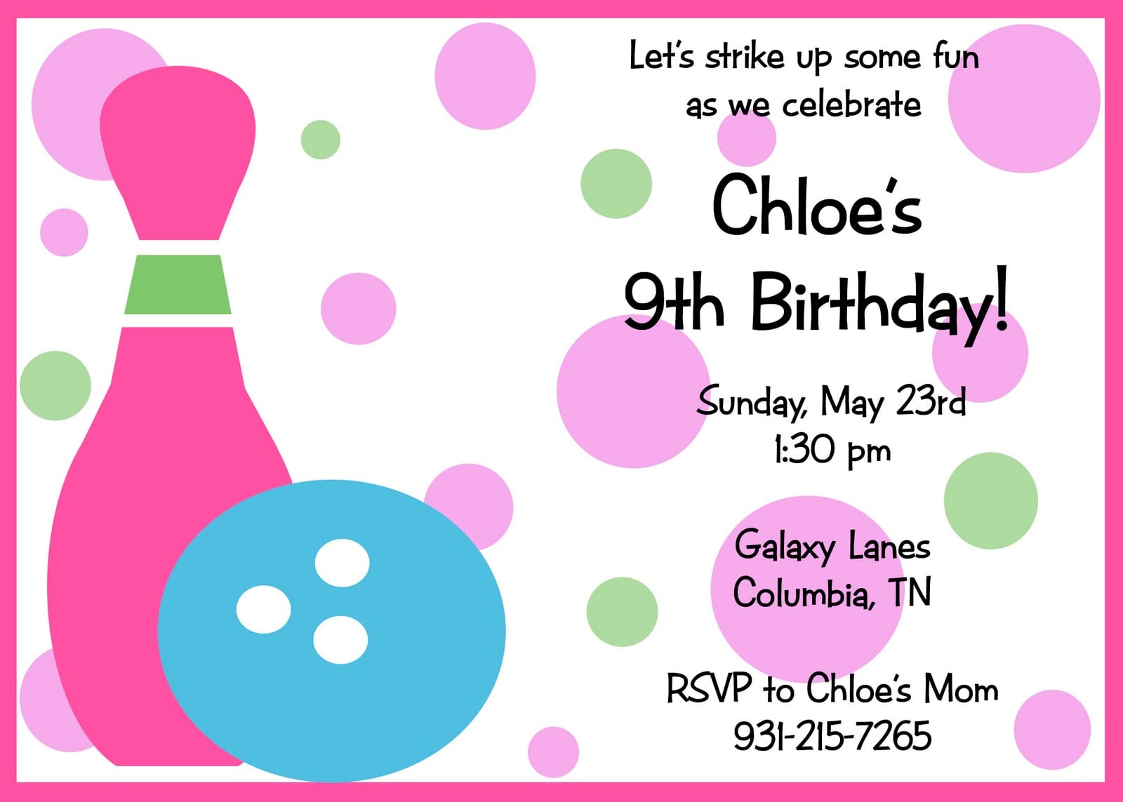Fanci Cakes & More  Bowling Party Invitation