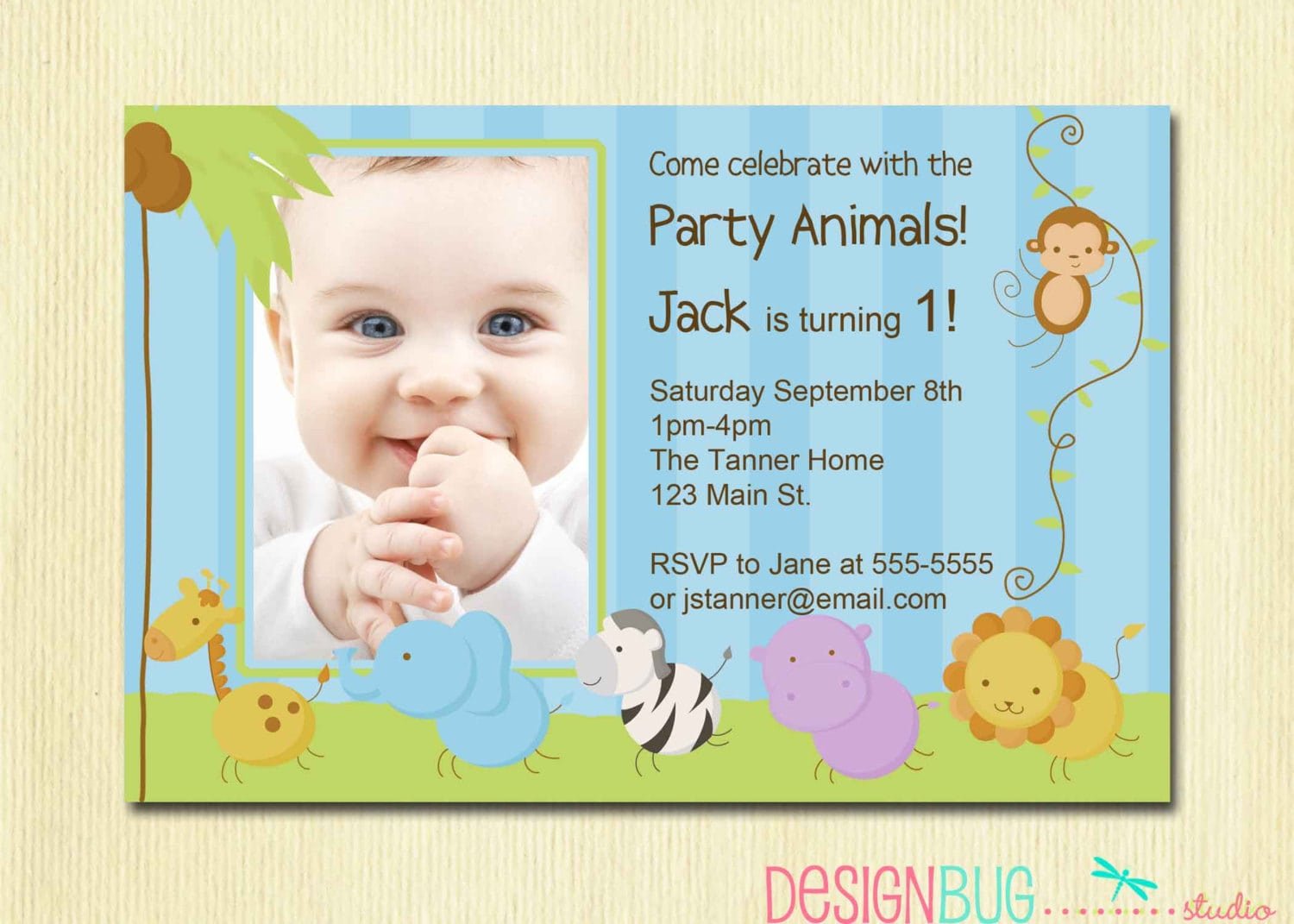 First Birthday Boy Invitation Baby Jungle Safari Party