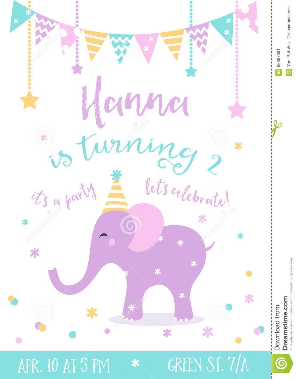Kids Birthday Party Invitation With Garlands And Baby Elephant